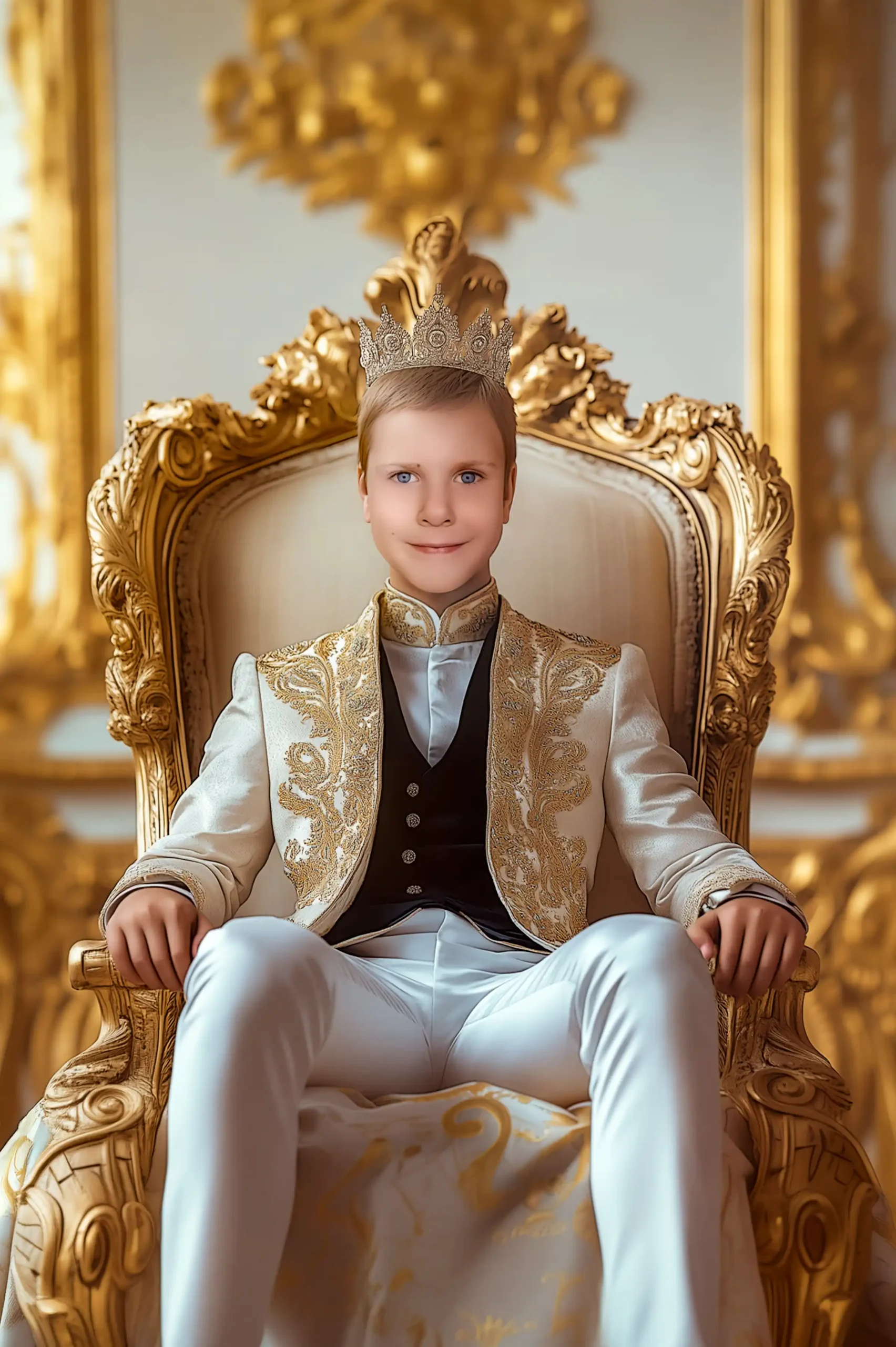 Юный принц на троне во дворце - фотоколлаж детский